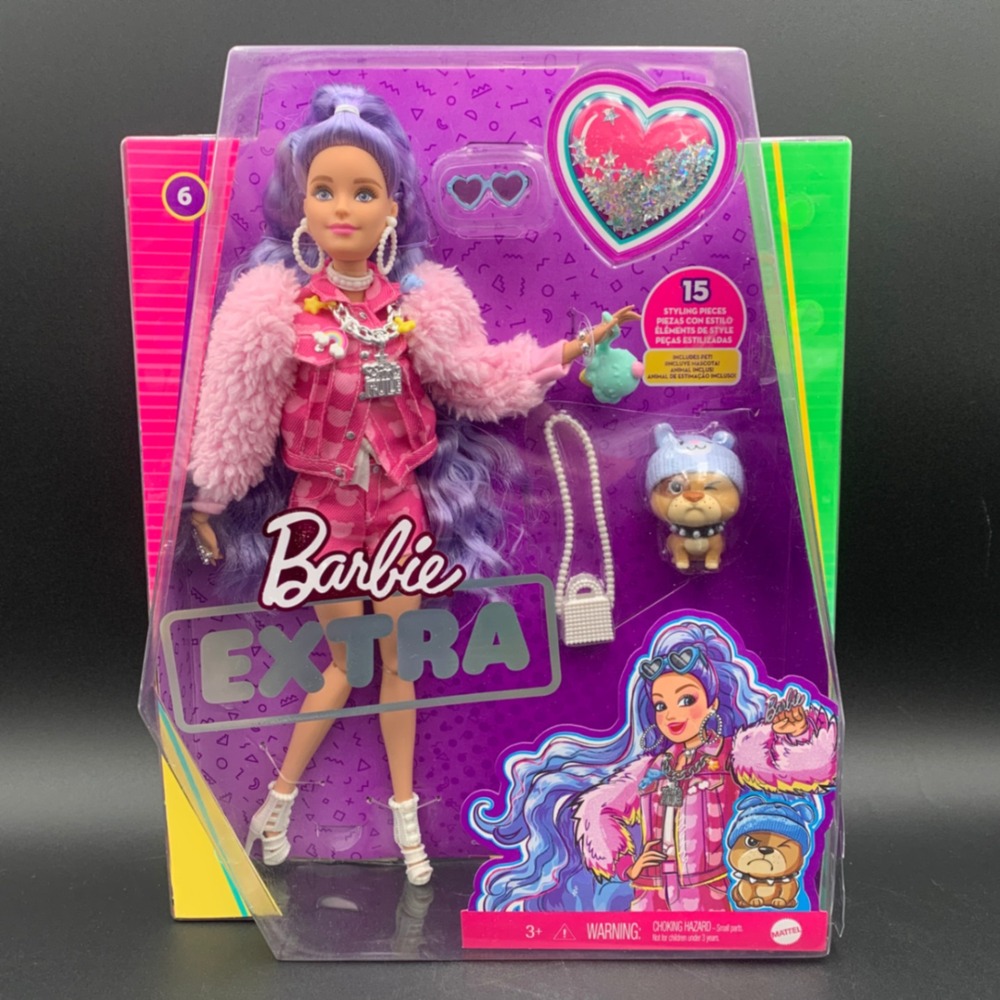 Barbie Extra Doll 6 Pink Teddy Jacket Purple Hair Pet Bulldog GRN27